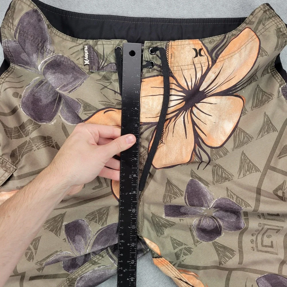 Hurley Board Shorts Mens 34 Olive Orange Floral Embroidered Logo Y2K